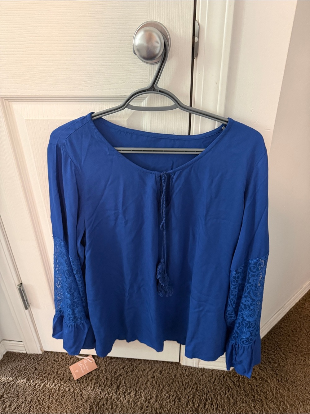Blue Contrast Lace Flounce Sleeve Tie Neck Blouse